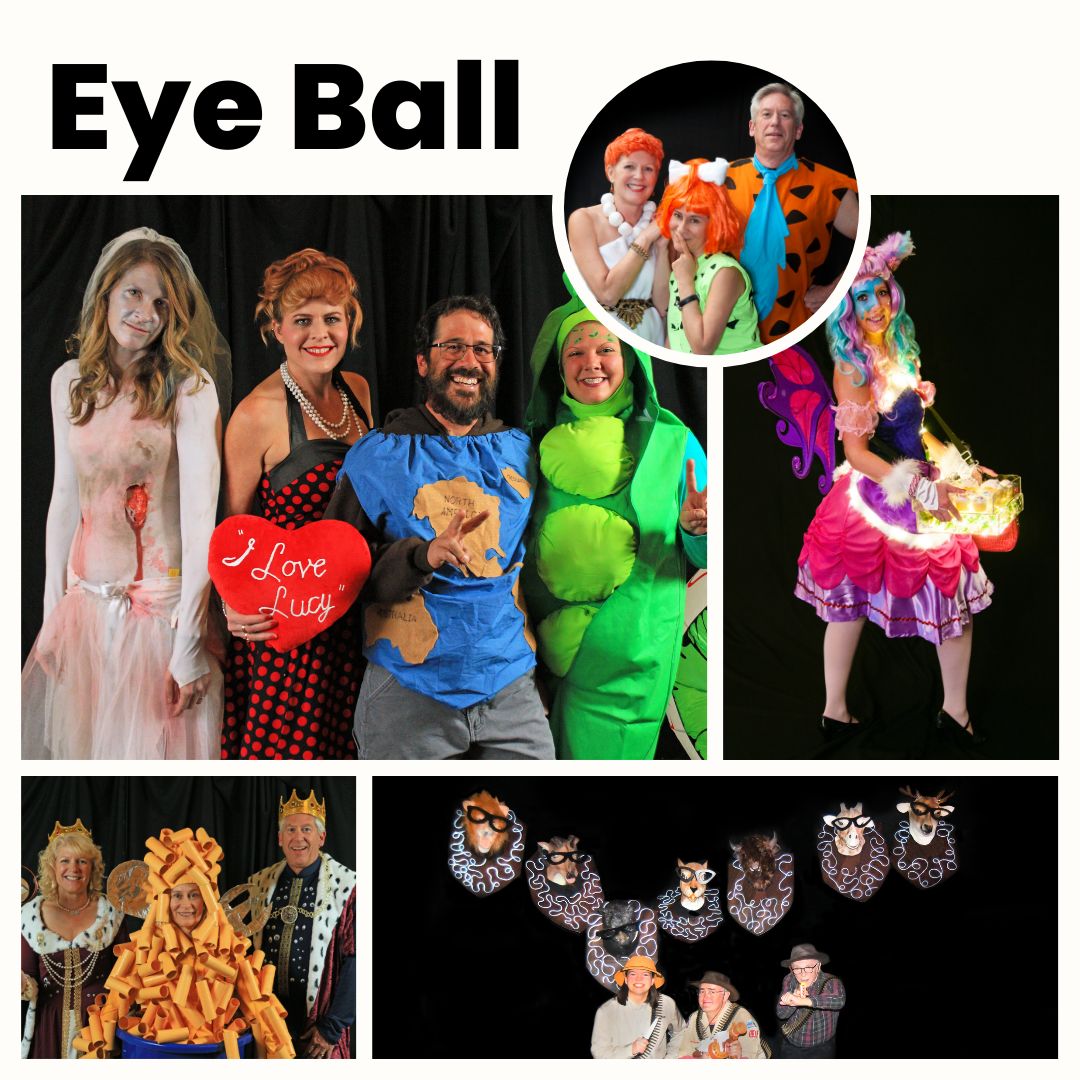 Collage titled "Eye Ball" featuring Halloween costume photos from the event. The top left shows a group dressed as characters, including a zombie, Lucy from "I Love Lucy" holding a heart-shaped sign, a person in a blue t-shirt with continents, and someone in a bright green caterpillar costume. A circular inset photo shows the Flintstones family with Wilma, Pebbles, and Fred Flintstone. The top right features two people in colorful unicorn or fantasy creature costumes, complete with rainbow wigs and tutus. The bottom left shows a royal family group, featuring a queen, a princess in a Mac and Cheese box costume, and a king wearing crowns. The bottom right displays decorative masks forming an octopus or tentacle design, featuring comedy/tragedy theater masks, with three people posed below. All photos showcase creative and playful Halloween costumes from the fundraising event.