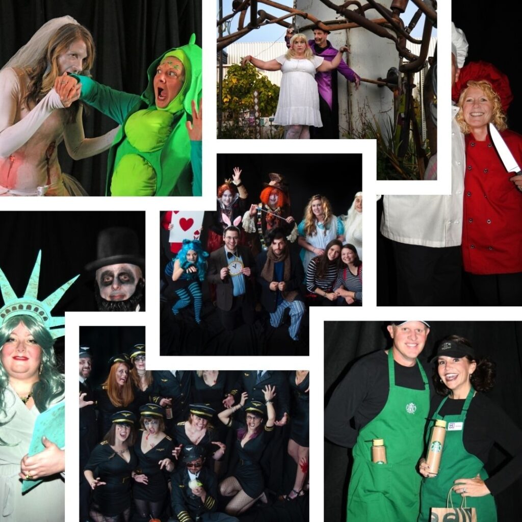 Collage of Halloween costume photos from previous Halloween Eye Ball events. Images include: a person in mermaid makeup with someone in a bright green fish costume; a couple dressed as characters under decorative twisted branches; a smiling person in a red chef's coat and hat; someone dressed as the Statue of Liberty; a person in zombie makeup wearing a hat; a large group in Alice in Wonderland costumes including the Mad Hatter, Cheshire Cat, Alice, and other characters; a group of people dressed as zombie airline pilots and flight attendants in black uniforms and captain's hats; and a couple wearing Starbucks barista aprons holding coffee cups. All photos showcase creative Halloween costumes and festive party atmosphere.